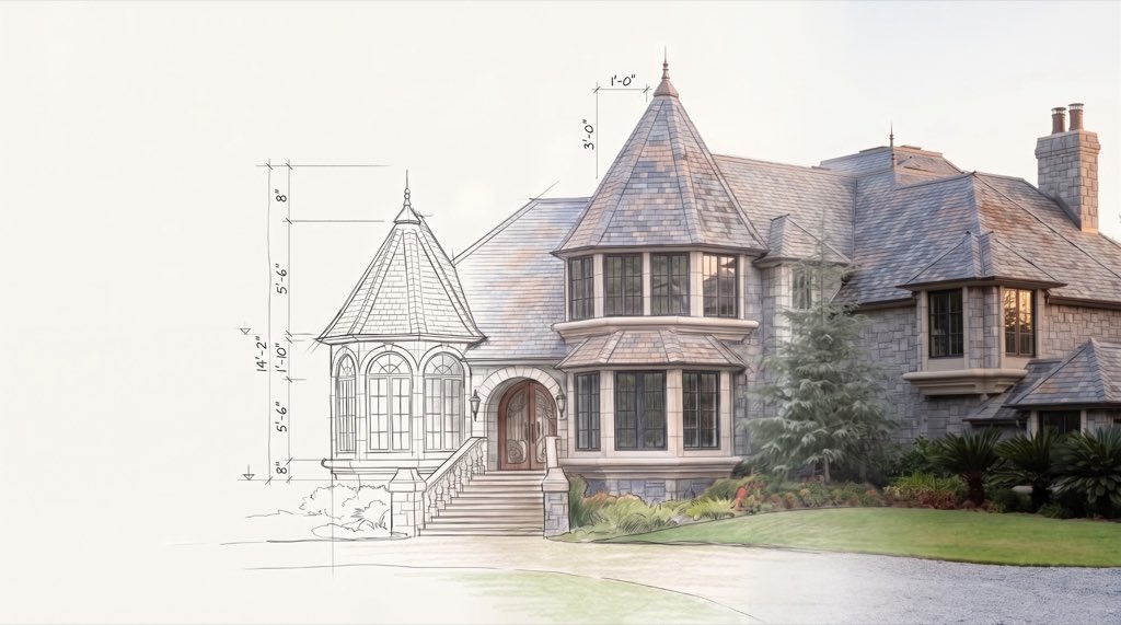 Architect's pencil sketch of a stone estate with slate turrets, blending into the finished home